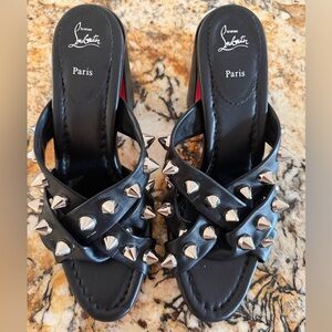 Christian Louboutin Black Leather Studded Cross-Strap Mule